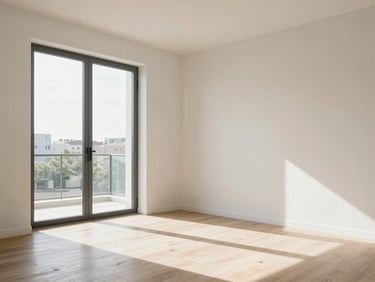 A bright, modern apartment interior with sunlight streaming through a large window, clean minimalist living room