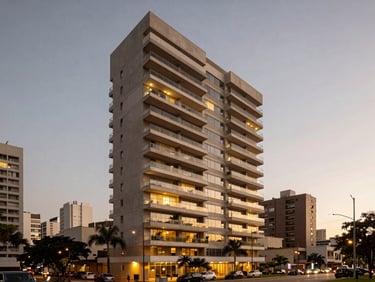 Edifício residencial sofisticado em Mogi das Cruzes durante o pôr do sol, varandas iluminadas, design urbano elegante.