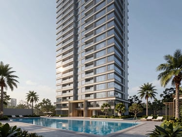 High-rise modern building render, pool area, palm trees, clear sky, premium architectural design.