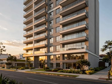 Wide panoramic architectural render of a modern residential building in Suzano at sunset, warm golden light reflecting off glass balconies, clean landscaped gardens in the foreground.