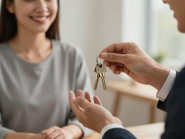 Hands of a real estate agent handing over shiny new keys to a smiling homebuyer, close-up, warm natural lighting
