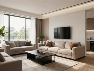 Contemporary apartment living room, bright natural light, minimalist decor, high-quality finishes.