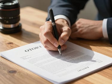 Close-up of hands signing a real estate contract on a wooden table, warm sunlight, professional setting.