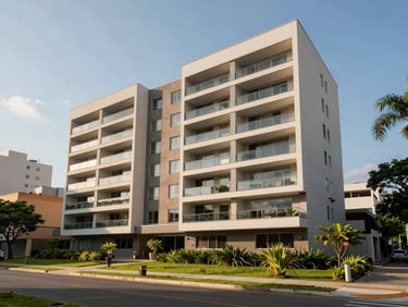 Fachada de prédio residencial moderno em Suzano sob a luz suave da manhã, linhas arquitetônicas limpas, paisagismo verde ao redor.
