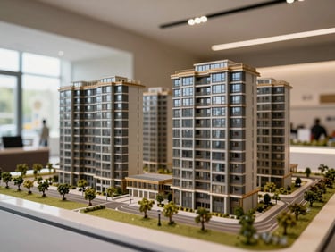An architectural scale model of a modern apartment complex on display in a well-lit showroom