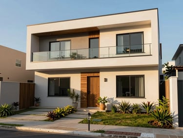 Modern townhouse exterior in Mogi das Cruzes, private garden, clean lines, warm morning sun.
