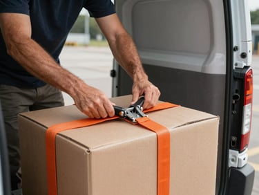Close-up medium shot, hands securing heavy-duty orange ratchet straps over stacked brown cardboard boxes inside a white moving van, daylight streaming through open rear doors, concrete loading dock visible in background, industrial clarity