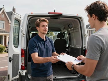 Medium shot of a mover handing over a signed clipboard to a customer at the rear of a loaded moving van, afternoon daylight, Dutch rowhouses visible in background