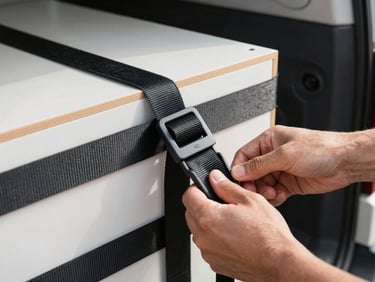 Close-up of hands tightening cargo straps over stacked furniture in the back of a moving van, bright daylight, sharp focus on the strap buckle