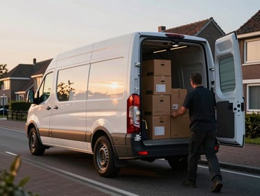 Wide shot from behind of a moving crew loading a large white van at dawn on a Dutch residential street, boxes stacked neatly inside, golden morning light catching the van doors