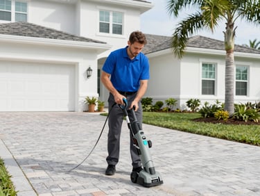 Environmental medium shot of a technician in a vivid cobalt blue polo shirt and dark gray pants using a professional power washer on a paver driveway in front of a modern Southwest Florida home with palm trees.