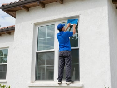 A technician in a vivid cobalt blue polo shirt and dark gray pants carefully cleaning high exterior windows of a premium stucco estate.