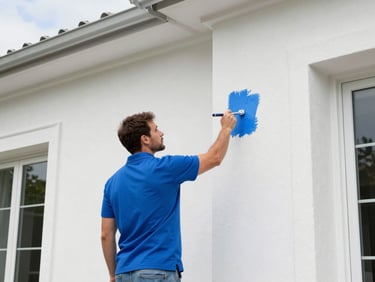 A professional painter in a vivid cobalt blue polo shirt painting the exterior stucco wall of a high-end Florida home, clean lines, bright daylight.