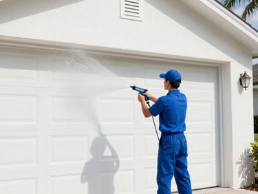 A uniformed technician in a vivid cobalt blue polo shirt power washing a clean white residential garage door under bright Florida daylight.