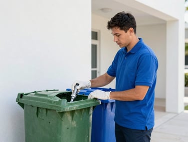 A uniformed technician in a vivid cobalt blue polo shirt sanitizing a large green trash bin and a blue recycling bin with specialized high-temperature equipment.