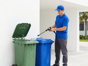 A technician in a vivid cobalt blue polo shirt and dark gray pants sanitizes a green trash bin and a blue recycling bin with a high-pressure hot water wand, bright Florida daylight.