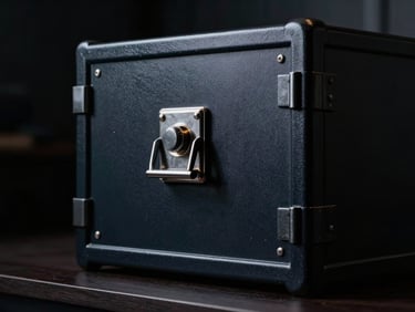 Detalle de una caja fuerte de seguridad de acero pulido en un entorno corporativo oscuro, con luz lateral dramática y sombras profundas.