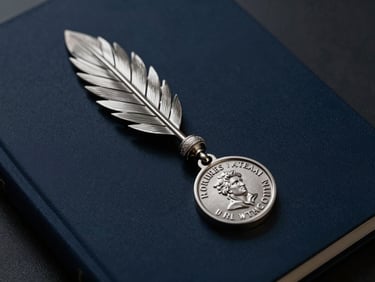 Pluma de alta gama de metal plateado sobre un documento legal con sellos oficiales, luz focalizada que crea un contraste marcado.