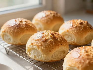 Warm environmental food photography of freshly baked golden pan de bono on a wire cooling rack, soft morning sun