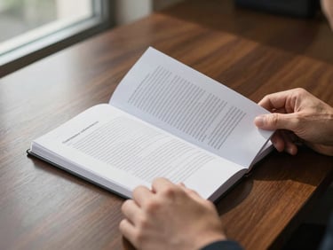 Close-up of hands turning pages of a formal governance policy document on a dark wood conference table, north-facing daylight from a window at left, crisp shadows across printed text columns, no faces visible, institutional rigor