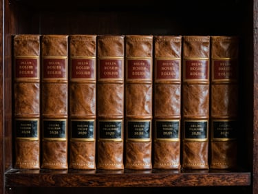 Symmetrical close-up of leather-bound legal volumes on a dark mahogany shelf, dramatic side-lighting, deep brown and gold tones