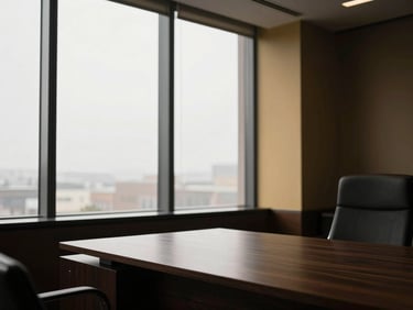 Structured office interior with clean lines, dark wood desk, soft overcast daylight through a tall window