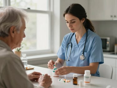 Dignified nurse carefully organizing a senior patient's daily medications on a kitchen counter, highlighting attention to detail and safety, diffused window light, muted blue and cream tones.