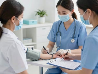Registered nurse gently assisting a senior patient with post-operative exercises in a bright, sunlit living room, soft focus, muted blue and cream tones, warm editorial photography.