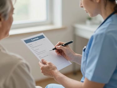 Close-up of a nurse respectfully reviewing a senior patient's medication chart, showing a calm, focused interaction, warm natural light, shallow depth of field, muted blue and cream tones.