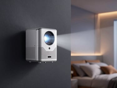 Mini portable smart projector shining a bright clean image on a dark wall, modern neon bedroom ambient lighting.