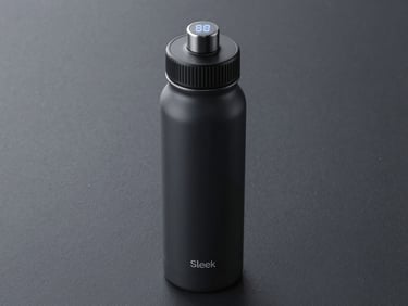 Sleek minimalist smart water bottle with a glowing digital LED temperature display on the cap, dark slate background.