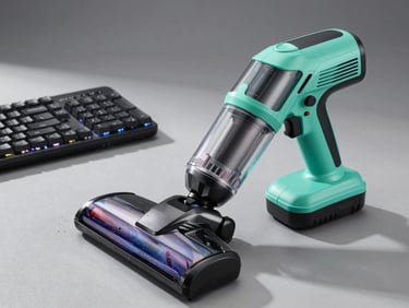 Powerful handheld cordless vacuum cleaner cleaning dust off a mechanical keyboard, bright mint green accent lighting.