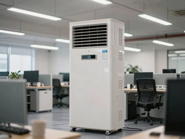 Wide environmental shot of a large floor-standing commercial AC unit in an open-plan office or retail space, bright fluorescent lighting, no people, equipment in foreground