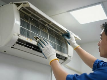Technician cleaning AC indoor unit filter, removing dust-covered foam panel, bright overhead workshop lighting, hands in gloves