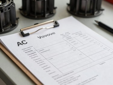 Close-up of a printed service invoice on a clipboard next to AC replacement components on a workbench, bright daylight-balanced lighting, itemized cost lines clearly visible