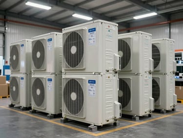 Stacked AC unit boxes in a clean warehouse aisle, product labels visible, overhead fluorescent workshop lighting, wide shot showing inventory depth