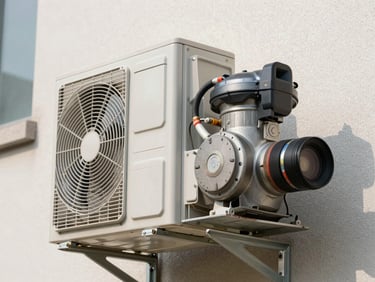 Close technical shot of an inverter AC outdoor compressor unit on a metal bracket against a building exterior wall, daylight, visible refrigerant lines