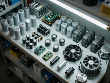 Overhead view of organized AC spare parts on a workshop shelf — capacitors, fan motors, circuit boards — under bright fluorescent lighting, technical catalog style