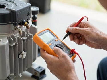 Technician's hands holding a multimeter against an AC outdoor compressor unit in a bright workshop, close-up diagnostic work, daylight-balanced lighting