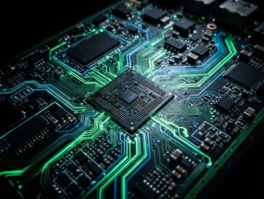 Extreme close-up of microchip circuitry on an Android device motherboard, glowing neon green and electric blue data traces, dark high-contrast tech photography, 35mm lens