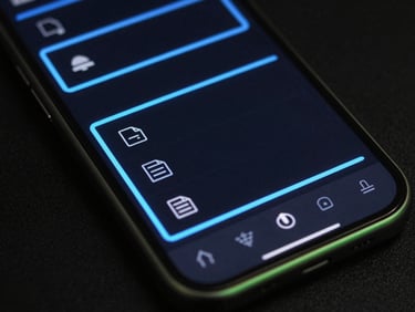 Clean UI wireframe of a mobile file explorer on a dark display, electric-blue accent lines, high-contrast tech photography