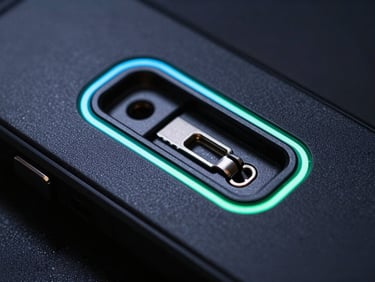 Macro shot of a physical security key slot on a modern mobile device, low-key dramatic studio lighting