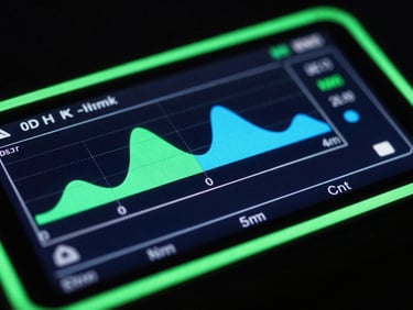 Sleek hardware diagnostic interface showing frequency graphs, neon-green edge lighting, sharp macro details