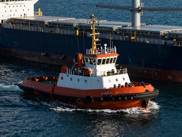 A powerful tugboat maneuvering a large cargo vessel near the docks under sharp morning light, deep blue water, high-contrast action shot