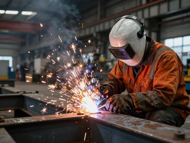 Close-up of a certified welder working on heavy steel structures inside a massive industrial plant, brilliant orange sparks flying, high contrast