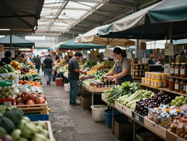 Environmental wide shot inside a working food market — vendor stalls with produce and packaged goods, a single person arranging jars in the background, diffused daylight from skylights above, quiet and unhurried
