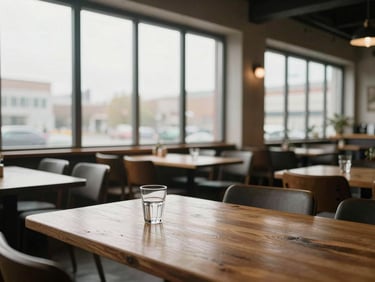 Wide environmental shot of a quiet restaurant interior before service — bare wooden tables, soft north-facing daylight through tall windows, no people, a single water glass on the nearest table