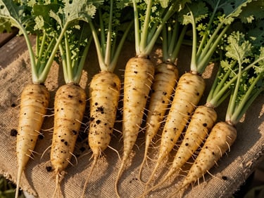 Overhead flat-lay of freshly harvested root vegetables arranged loosely on rough burlap at a farm stand table, golden hour side-light from an open barn door, soil still on the roots