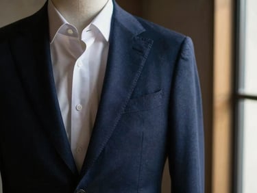 Close-up of a perfectly tailored navy blue blazer on a mannequin, with a crisp white shirt visible underneath, dramatic side window light, deep charcoal and gold tones, shallow depth of field, 35mm.