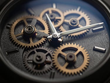 Tight macro shot of a complex mechanical watch dial, showing gears and hands, under dramatic side light, deep charcoal and gold tones, shallow depth of field, 35mm.